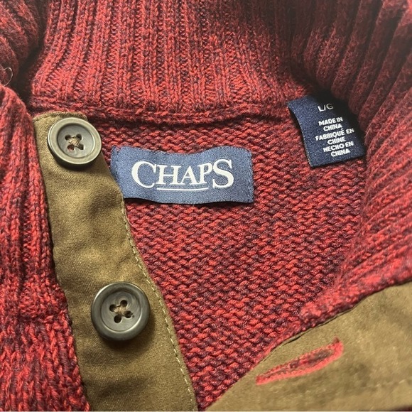 Chaps Mens Pullover Knit Sweater 3 Button Elbow Patches Burgundy Red Men’s Lg - Picture 2 of 6
